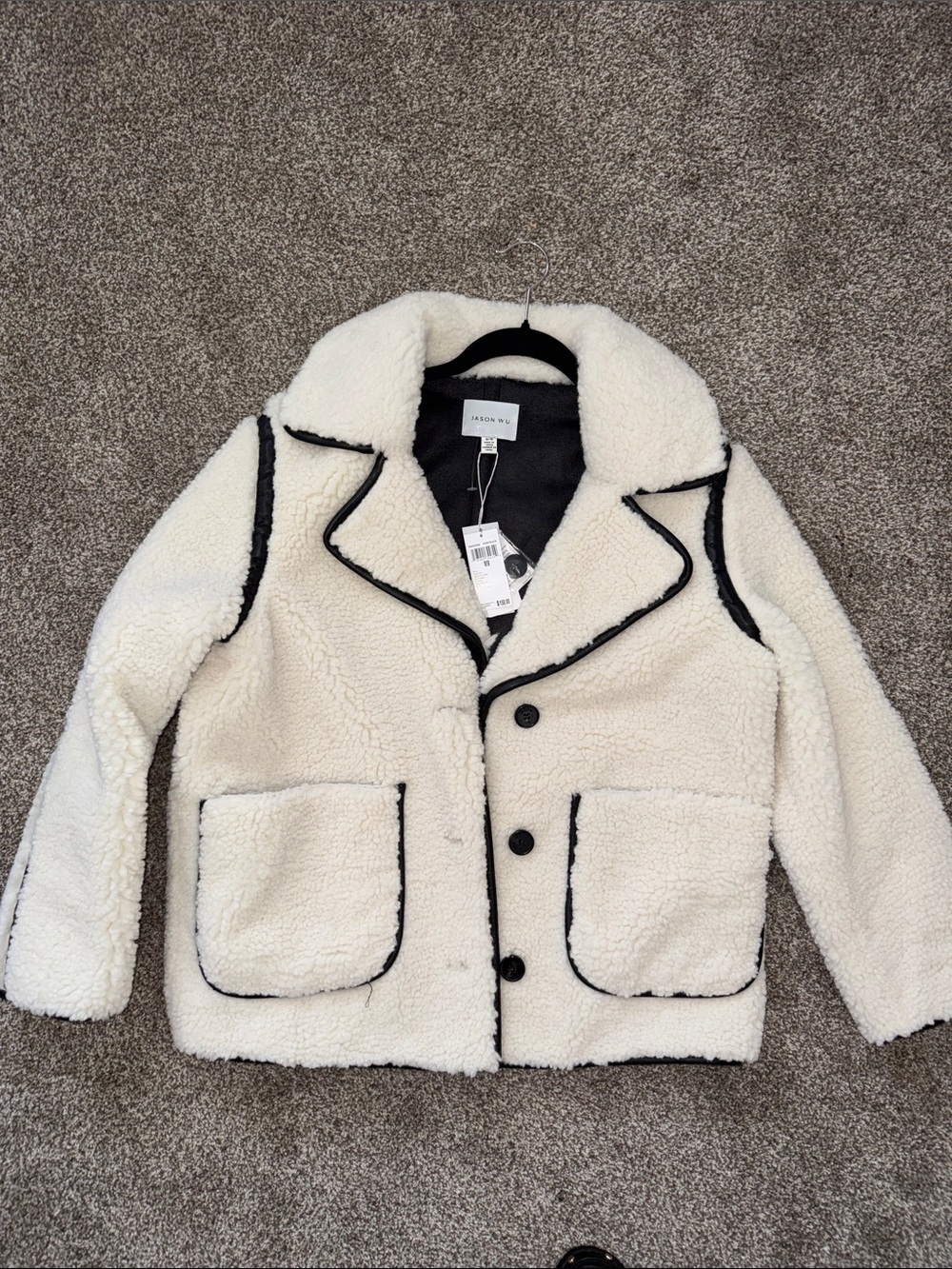 Jason Wu Cream Sherpa Puffer Jacket with Black Trim